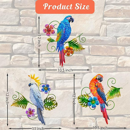 Metal Colorful Parrots Wall Art, 12 Inches Parrot Large Hanging Outside Decoration 3 Pack, Metal Bird Wall Christmas Decoration Gift, Decor Outdoor Decorations for Yard, Garden Ornaments Patio Outside Porch Christmas Decor