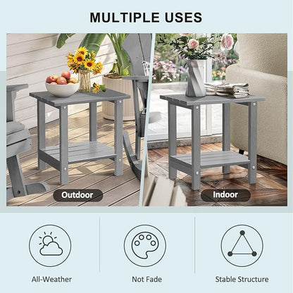 2 Tier Outdoor Side Table with Wood-Like Grain, 16.6" HDPE Adirondack Table Patio Side Table, Weather Resistant End Table for Pool, Patio & Porch, Small Outdoor Table (Grey, Rectangle)