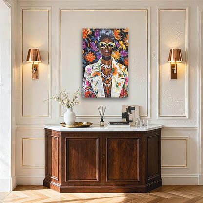 YETHEN WAL 24x36 inch Black Woman Portrait Wall Art – African American Afrocentric Floral Canvas Print, Modern Glam Black Woman Wall Decor for Living Room, Bedroom, Office, Vertical Fashion Artwork
