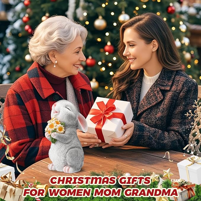 Solar Rabbit Garden Statues Outdoor Bunny Decor Resin Rabbit Figurine Holding Sunflower with LED Lights for Proch Patio Lawn Yard Christmas Birthday Gardening Gifts for Mom Women