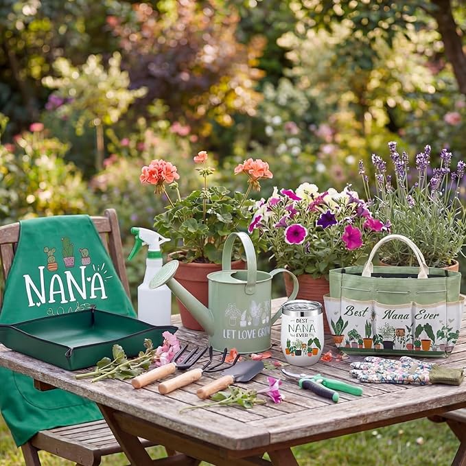 Reginary 11 Pcs Nana Gardening Gifts Mom Watering Can Set Include Garden Tool Garden Tools Tote Trigger Sprayer Soil Mat Apron Tumbler Pruning Shears Glove for Women Plant Enthusiast Present