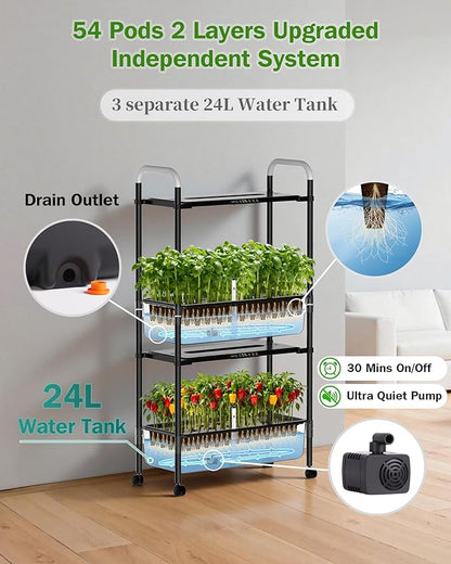 Large Hydroponics Growing System Kit, Vertical Indoor Herb Garden Kit with LED Grow Light & Independent Water Pump, 28L Movable Indoor Planter Perfect Gardening Gifts (2 Tier-54 Pods Black)