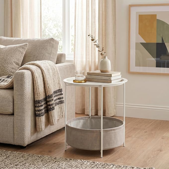 VECELO Round Side/End Table with Fabric Storage Basket，Metal Anti-Rust and Waterproof Small Bedside Nightstand with Removable Tray Top for Living Room，Balcony & Laundry，Beige/1pcs with Basket