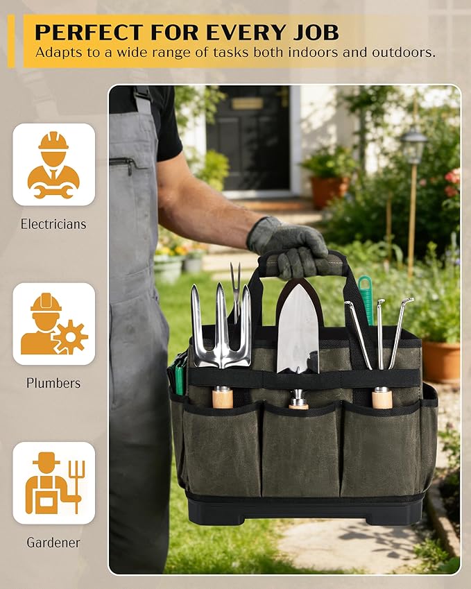 Marscamd Waxed Canvas Tool Bag with Hard Bottom and 8 Pockets, Large Tool Tote with Shoulder Strap for Tools & Gardening, Dark Green