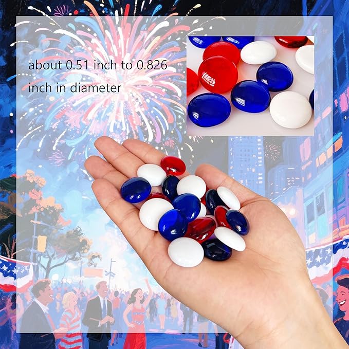 150 Pieces Red Blue White Glass Gemstone Beads Patriotic Vase Fillers Stone Independence Day Bowl Filler Gems Flat Marble Beads Glass Gem Pebbles for Home Decoration (Red Bule and White)