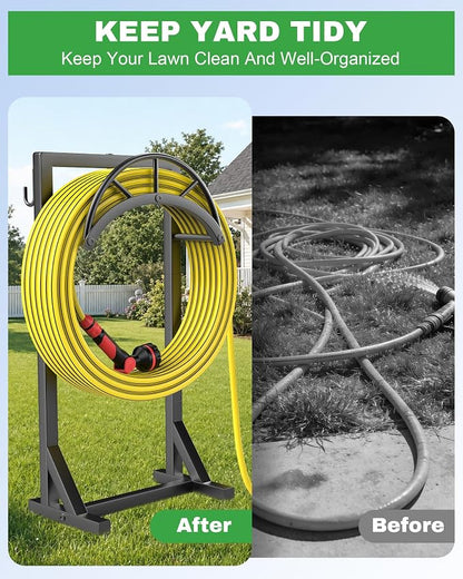 Garden Hose Holder, Metal Water Hose Storage Stand Hanger, Freestanding Water Hose Organizer Rack with 2 Tool Hooks for Outdoor Yards, Farms and Lawns, Black