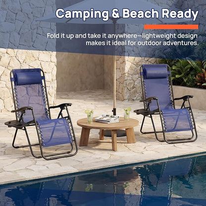 Alpen Folding Lounge Chair Outdoor Set of 2, Lawn Chairs Adjustable & Foldable with Side Table Headrest, Portable Blue Reclining Camping Chair for Outdoor Camping, Blue