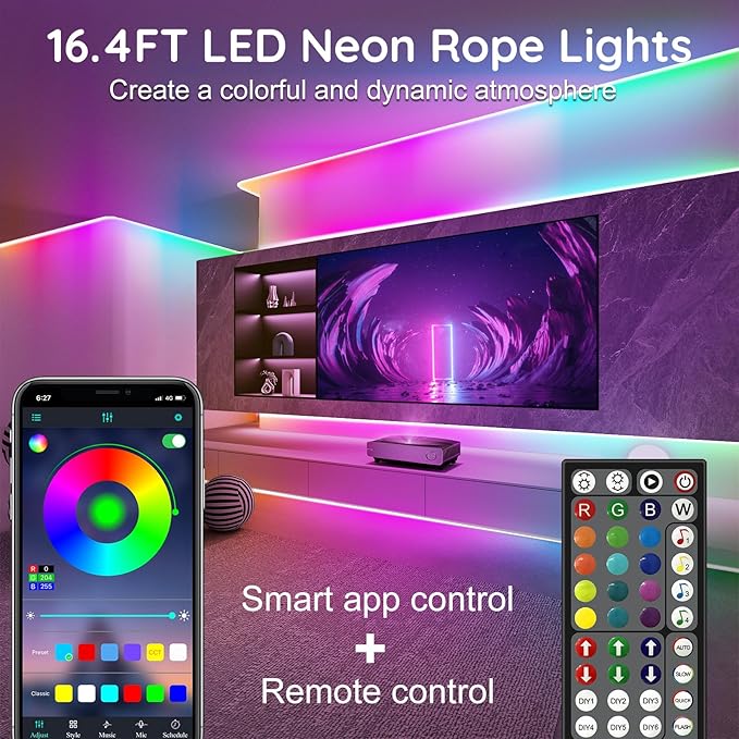 RCUICA 16.4FT LED Neon Rope Lights Waterproof with Smart App Control Remote,DIY Scene Modes,Music Sync hronization,Eaves Lights for Garden Decor,Deck,Christmas