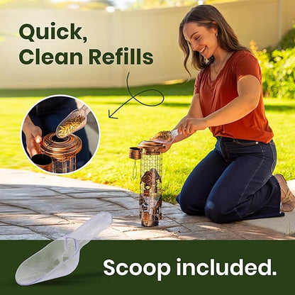 Squirrel-Proof Bird Feeders for Outdoors Feeds Mealworms and Seeds - Large 3-Pound Capacity, Weather-Resistant Hanging Tube for Birds Includes Seed Scoop, 4 Hook-Shaped Perches, Anti-Squirrel Weights