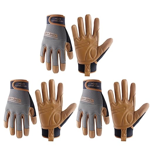 HANDLANDY Leather Work Gloves Mens & Women, Utility Safety Mechanic Working Gloves Touch Screen, Flexible Breathable Yard Work Gloves (Small, Brown-Cowhide Palm, Pack of 3)