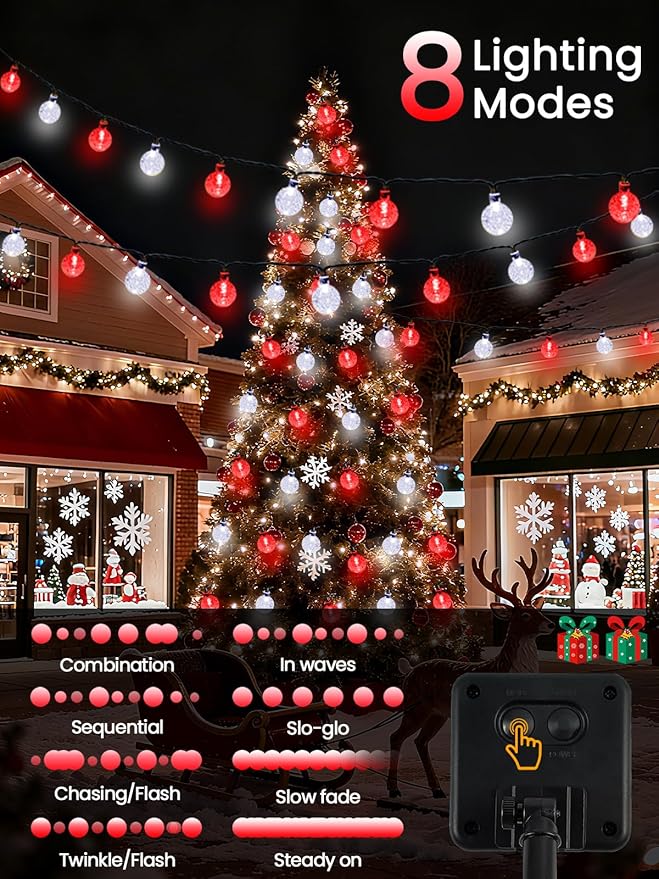 Red and White Solar Christmas String Lights, 2-Pack Total 100 LED 64FT Crystal Globe Solar Lights Outdoor Waterproof, Christmas Decorations with 8 Lighting Modes for Xmas Tree Wedding Patio Party