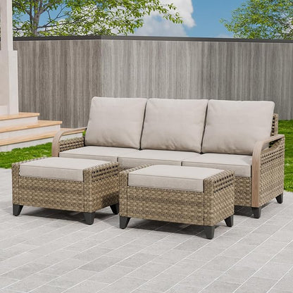Modern Wicker Patio Furniture Set, Rattan Outdoor Conversation Set with Comfortable Cushions, 3 Seat Couch and 2 Ottomans, 3 Pieces, Brown/Gray