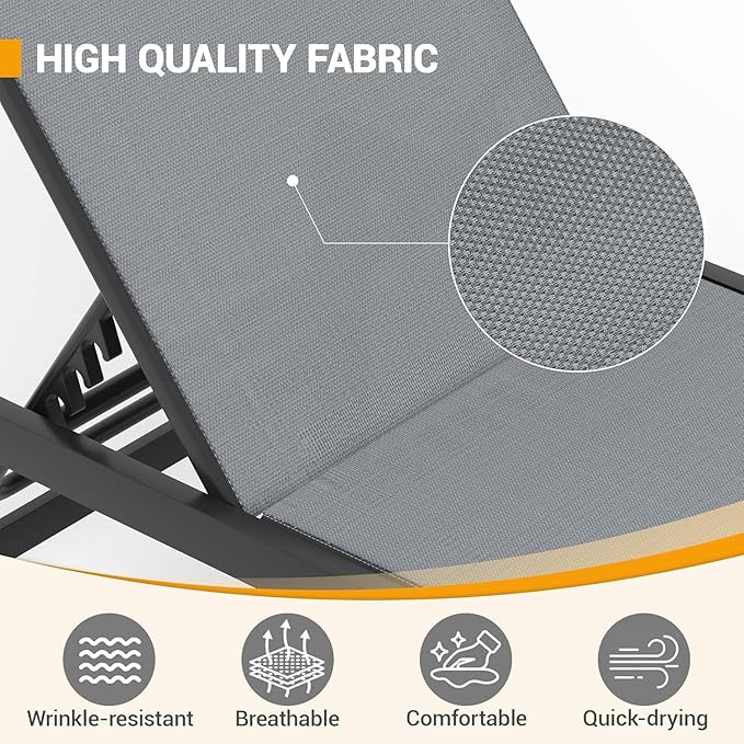UDPATIO Outdoor Chaise Lounge Chair Set of 2 with Table Pool Lounge Chairs for Outside, Adjustable Lounger for Poolside Lawn Deck Lay Flat Sunbathing Backrest for Patio, Beach, Yard(Grey)