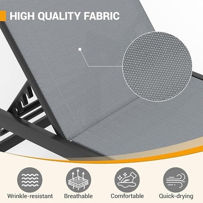 UDPATIO Outdoor Chaise Lounge Chair Set of 2 with Table Pool Lounge Chairs for Outside, Adjustable Lounger for Poolside Lawn Deck Lay Flat Sunbathing Backrest for Patio, Beach, Yard(Grey)