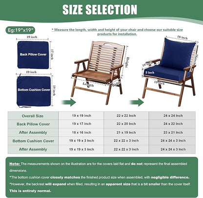 Outdoor Chair Cushions, Waterproof Backrest and Deep Seat Cushion Set for Patio Furniture, Outdoor Replacement Cushions with Removable Cover, 22 x 22 Inch, Navy, 1 Set