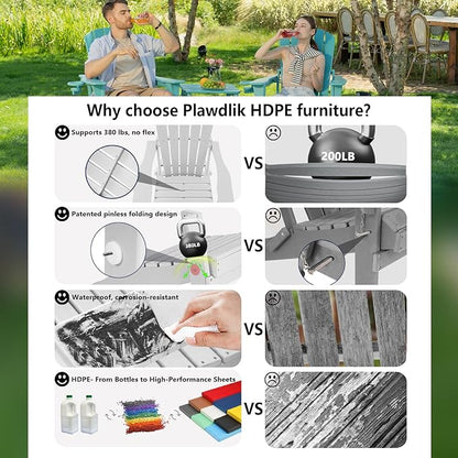 Plawdlik Folding Adirondack Chair, SGS Tested, Wooden Textured with Cup Holder, Heavy All-Weather HDPE Comfortable Set Poolside Backyard Lawn White