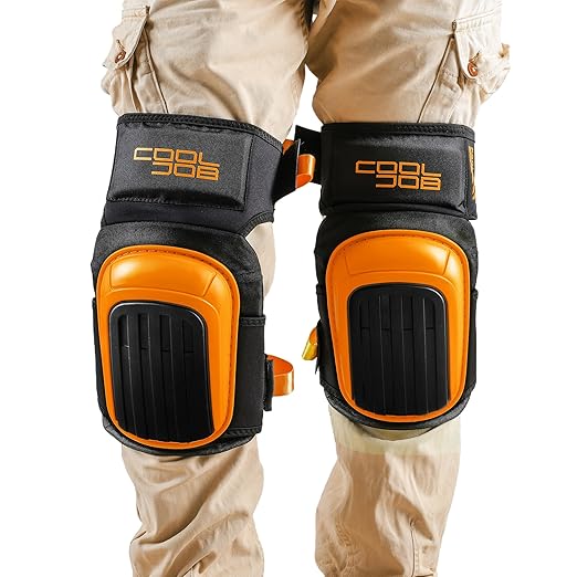 COOLJOB Professional Knee Pads with Heavy Duty Anti-Slip Cap, Comfortable Foam Cushion and Extra Thick Gel Padding for Construction Flooring, Reinforced & Adjustable Straps, Orange