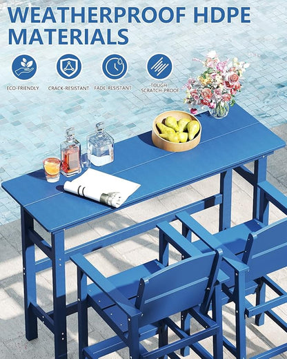 FOOWIN 3 Piece Outdoor Bar Height Table and Chairs, All Weather HDPE Patio Bar Set Outdoor Bistro Set,Adirondack Bar Chairs Set of 2 Outdoor Furniture for Bistro, Poolside, Backyard Navy Blue