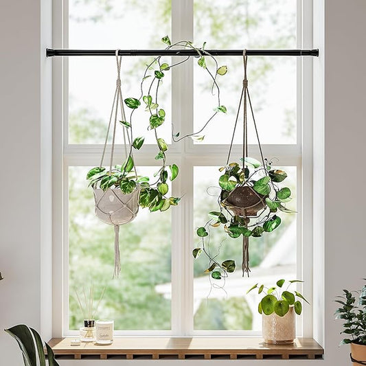 Bamworld Window Plant Hanger Indoor Adjustable Hanging Planters for Indoor Plants Spring Tension Rods 27''-51'' No Drilling Expandable Hanging Plant Holder for Hanging Basket for Balcony Decor(Black)