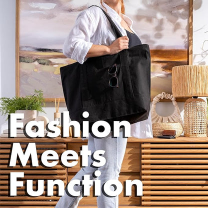 Carrywell (Not Made In China) Black Canvas Tote Bags with Zipper, 15"x 21", Heavy Duty Organic Cotton With Handles and Front Pocket, Reusable Shopping Totes