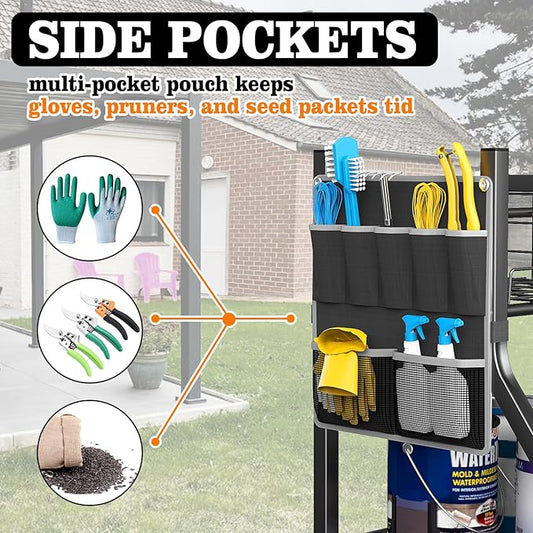 Large Garden Tool Organizer, 36" L x 37.25" H Metal Yard Tool Storage Rack with Multi Tier Shelves, Long-Handle Tool Holder with Wide & Narrow Slots, Hooks & Storage Pockets for Garage