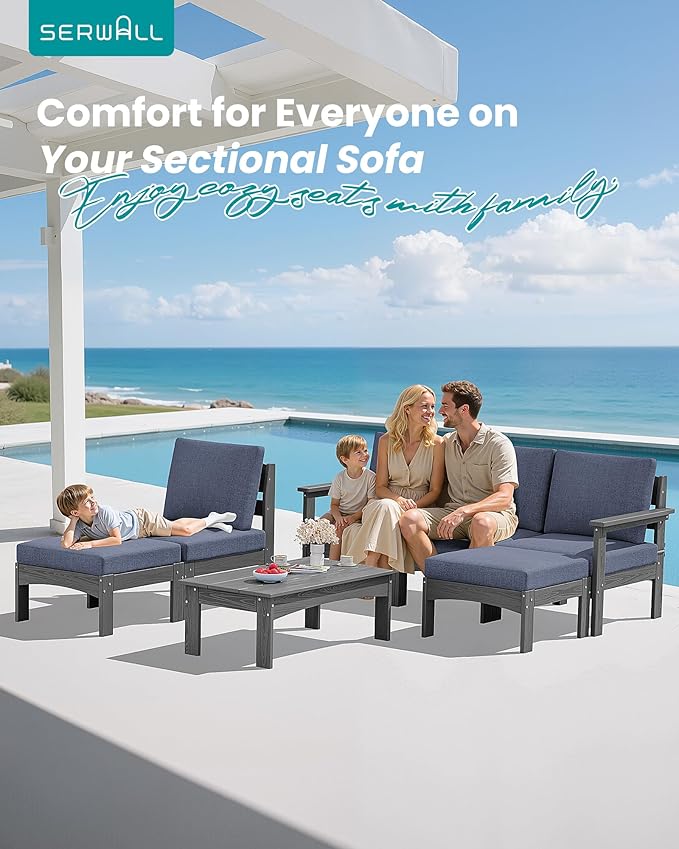 SERWALL 7-Piece Patio Sofa Set, Outdoor Furniture Set, All-Weather HDPE Outdoor Sectional Conversation Set with Cushions and Coffee Table, Large Modular Sofas for Garden, Grey Frame with Grey Cushion
