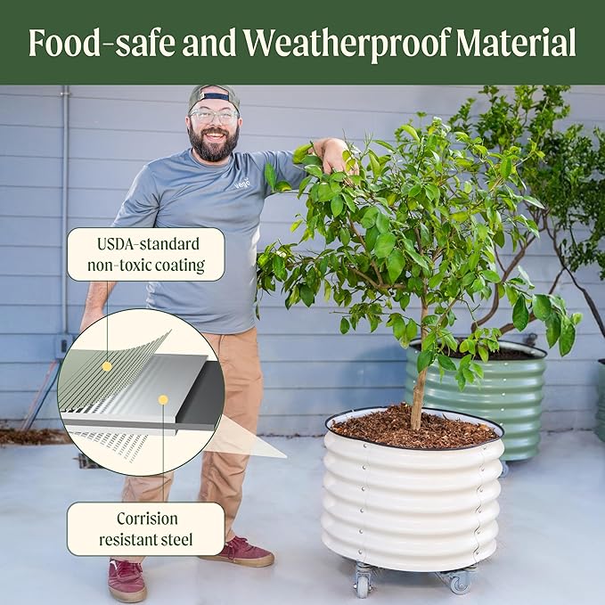 Rolling Metal Citrus Tree Planter Pot, 21″ Round Planter Box for Porch Patio & Backyard, 20 Gallon Large Planter Pot with Wheels for Growing Olive Trees Tomatoes Vegetables Flowers, 2 Pack Olive Green