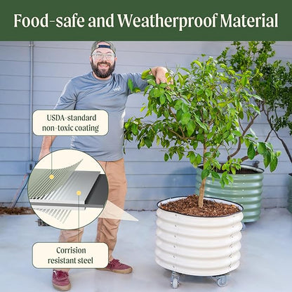 Rolling Metal Citrus Tree Planter Pot, 21″ Round Planter Box for Porch Patio & Backyard, 20 Gallon Large Planter Pot with Wheels for Growing Olive Trees Tomatoes Vegetables Flowers, 2 Pack Olive Green