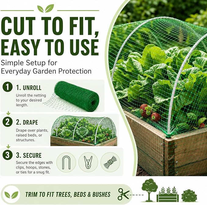 Garden Netting, 13 x 50 FT Bird Netting for Garden Plant Protection, Reusable Fine Mesh for Fruit Trees, Vegetable Plants, Blueberry Bushes, Raised Beds, Chicken Coop (13x50ft)