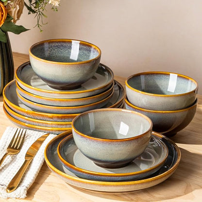 TheTerra Stoneware Dinnerware Sets for 4, 12 Pieces Ceramic Plates and Bowls Sets, Scratch Resistant Dish Set, Oven, Microwave & Dishwasher Safe, Dusk Blue