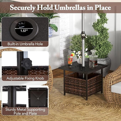 Giantex Outdoor Side Table with Umbrella Hole, 22" Wicker Umbrella Stand Holder and Base, Weather-Resistant PE Rattan Patio End Table for Deck Garden Poolside, Mix Brown (Metal Tabletop)