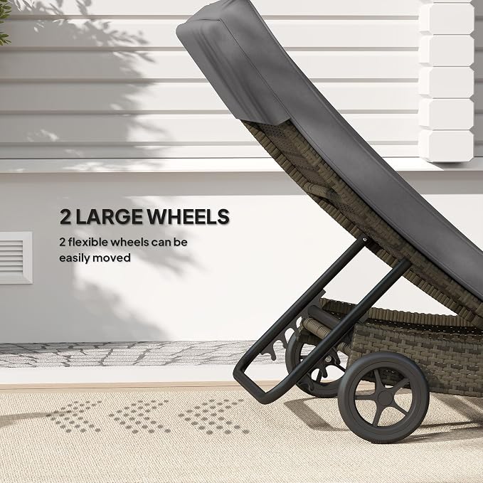 Outsunny Wicker Chaise Lounge Chair Outdoor with Wheels & Cushion, PE Rattan Patio Lounge Chair with 5-Level Adjustable Backrest for Poolside, Garden, Gray