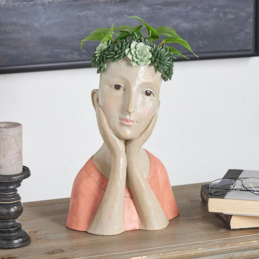 Deco 79 Resin Woman Indoor Outdoor Planter Bust Large Planter Pot with Succulent Crown and Orange Top, Planter 10" x 8" x 17", Beige