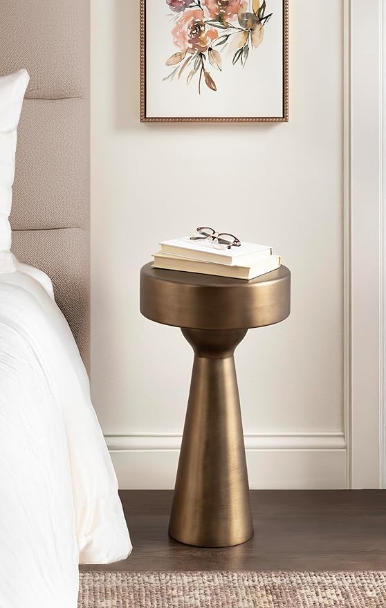 Kate and Laurel Solbrett Modern Sophisticated Metal Side Table, 12 x 12 x 22, Antique Brass, Contemporary Pedestal End Table with Unique Sculptural Design for Use as Bedroom Nightstand