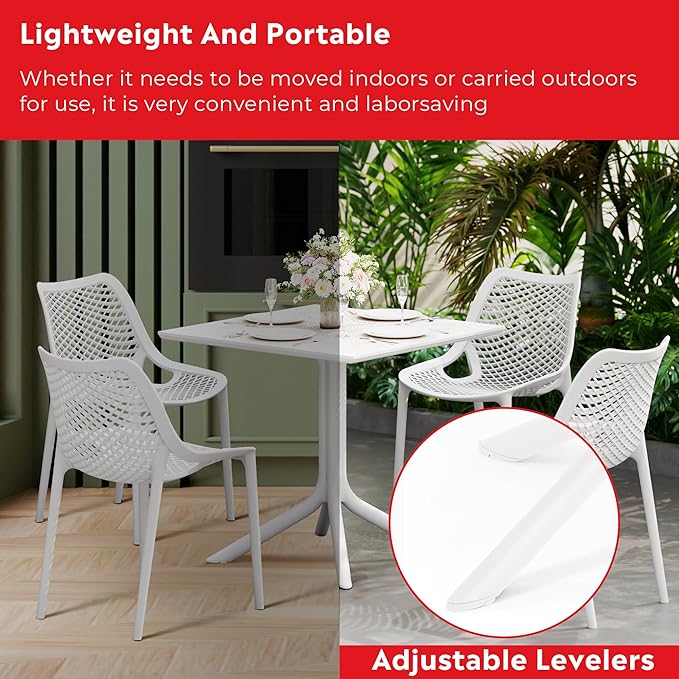Costaelm Table Chairs Set of 4, HDPE Patio Square Dining Table and Stackable Chairs, Outdoor Small Patio Furniture Set All Weather for Backyard Porch Poolside, White