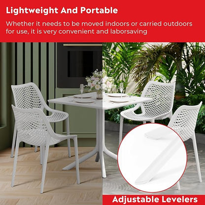 Costaelm Breakfast Table Set for 4, HDPE Patio Square Dining Table and Stackable Chairs, Outdoor Small Patio Furniture Set All Weather for Backyard Porch Poolside, White