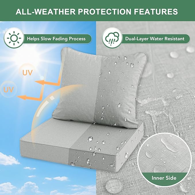 Summsun Patio Cushions for Outdoor Furniture, Faux Linen Water Resistant Backrest and Deep Seat Cushion Set with Non-Slip Bottom, Ties, Removable Cover, 24 x 24 Inch, Light Grey, Set of 4