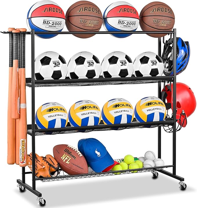 Mythinglogic Garden Alloy Steel Tool Organizer for Garage, Basketball Rack, Ball Storage with Baseball Bat Holder