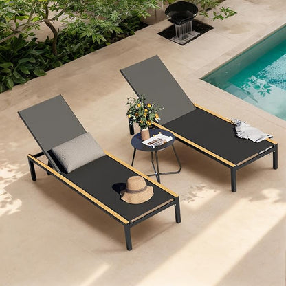 Grand patio Outdoor Chaise Lounge Set of 2 Mesh Sling Lounge Chairs with Woodgrain Texture, Portable Wheels & 4 Adjustable Reclining Backrest Positions for Poolside Beach 2PCS, Black