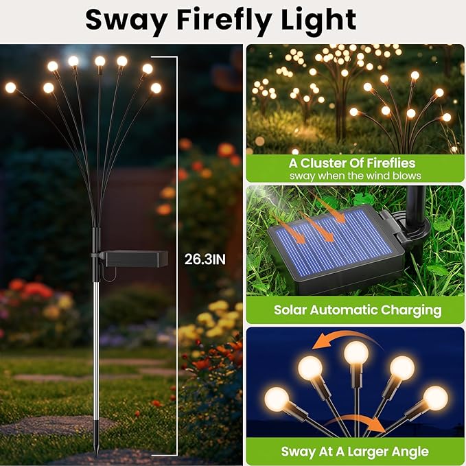 Solar Lights Outdoor(4 Pack,32 LEDs),Solar Lights Outdoor Waterproof for Garden Decor,4 Modes Firefly Light for Outdoor Decor,Big Bulb High Lumens Patio Decor,Sway by Wind,Gardening Gifts for Women