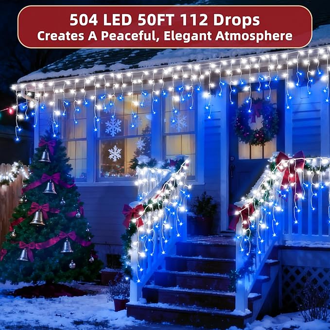 504 LED Christmas Lights Outdoor 50FT with 112 Drops, Christmas Decorations Hanging Lights 12 Modes, Dimmable Outsite Fairy String Lights for Wedding Party Holiday Winter Wonderland Decor Blue & White
