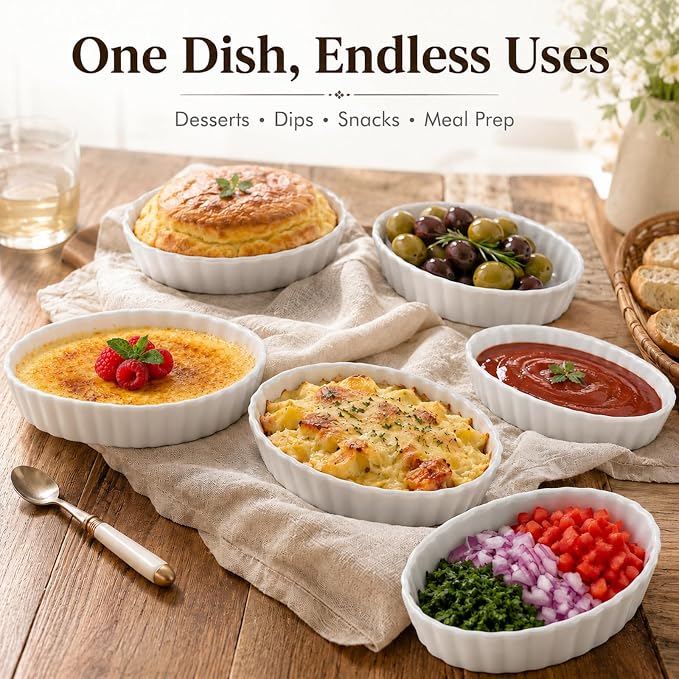 Creme Brulee Ramekins, 6 Pcs Oval Ceramic Baking Dishes 4 OZ, 5.2 Inch Oven Safe Baking Dishes for Souffle, Dessert, Baked Gratins, Prep Bowls for Ingredients, Dipping Sauces - Dishwasher Safe & Stackable