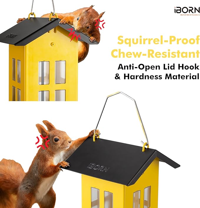 iBorn Bird Feeder House, Metal Bird Feeders for Outdoors Hanging,Double-Sided Metal Hanger & Weatherproof, Easy to Clean & Refill, 2.2 Lbs Capacity, Yellow