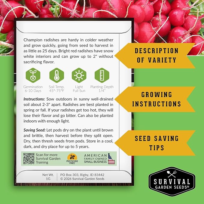 Radish Seeds Variety Pack – 5 Packets | Heirloom Non-GMO Radishes for Planting: Daikon, Watermelon, Purple Plum, French Breakfast & Champion – Survival Garden Seeds