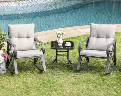 COSIEST 3 Piece Bistro Set Patio Rocking Chairs Outdoor Furniture w Warm Gray Cushions, Glass-Top Table for Garden, Pool, Backyard