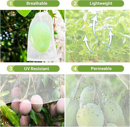 Fruit Bags for Fruit Trees, 100 PCS 6x10 Inch Fruit Protection Bags with Drawstring, Garden Netting Mesh Fruit Cover Bag for Grape, Tomato, Peach, Apple, Flower from Birds Bugs