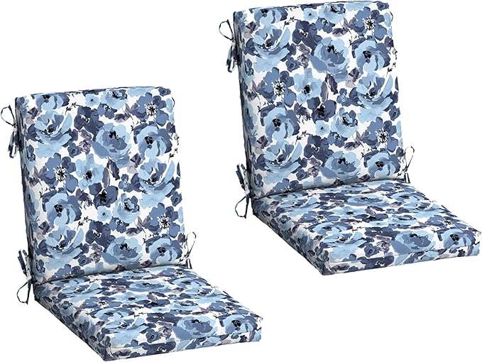 Arden 2-Pack Outdoor Patio Dining Chair Cushion, 20x44, Rain-Proof Seat Pad, Fade-Resistant Outdoor Cushion Blue Garden Floral