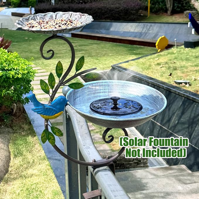 Deck Mounted Bird Feeder and Bath for Railing, Balcony 2-in-1 Outdoor Metal Birdbaths, Adjustable Heavy Duty Clamp for Porch Garden Decor Yard Lawn