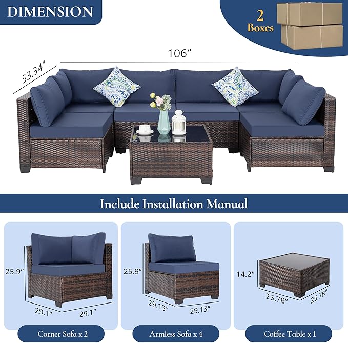 FHFO 7 Piece Outdoor Wicker Patio Furniture Set, Rattan Sectional Sofa Couch, Patio Conversation Set with Cushion & Coffee Table, for Backyard Poolside Porch Garden, Brown-Blue