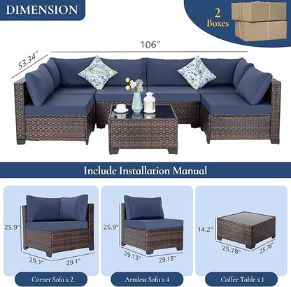 FHFO 7 Piece Outdoor Wicker Patio Furniture Set, Rattan Sectional Sofa Couch, Patio Conversation Set with Cushion & Coffee Table, for Backyard Poolside Porch Garden, Brown-Blue